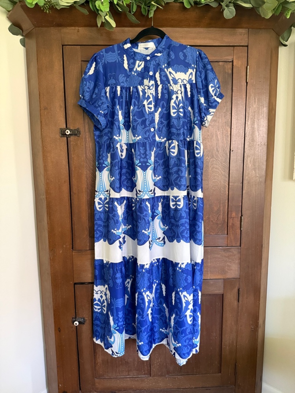 Blue and White Patterned Maxi Dress